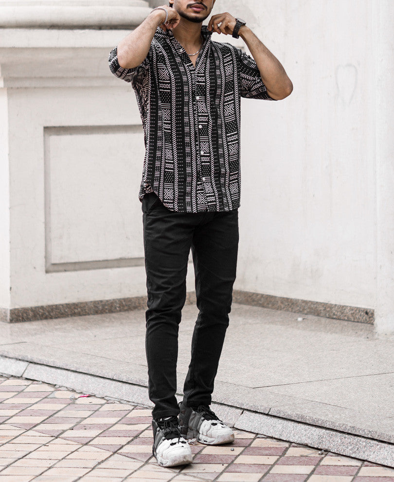 Black Ethnic Print Oversize Drop Shoulder Shirt