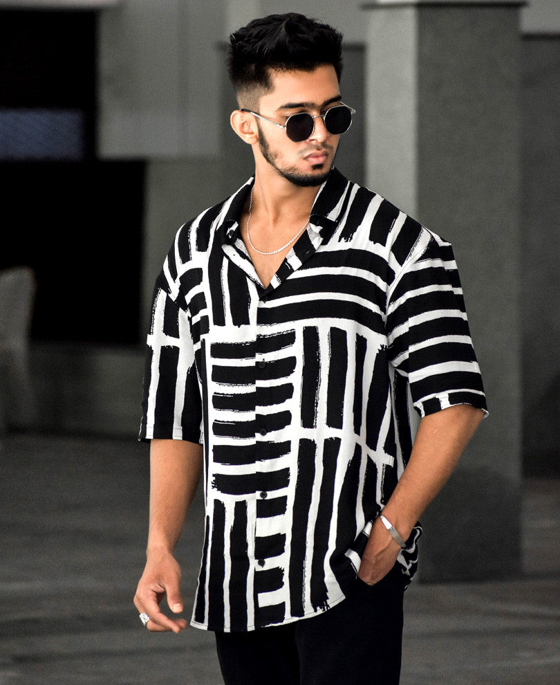 Black and White Multiple Stripes Oversize Drop Shoulder Shirt