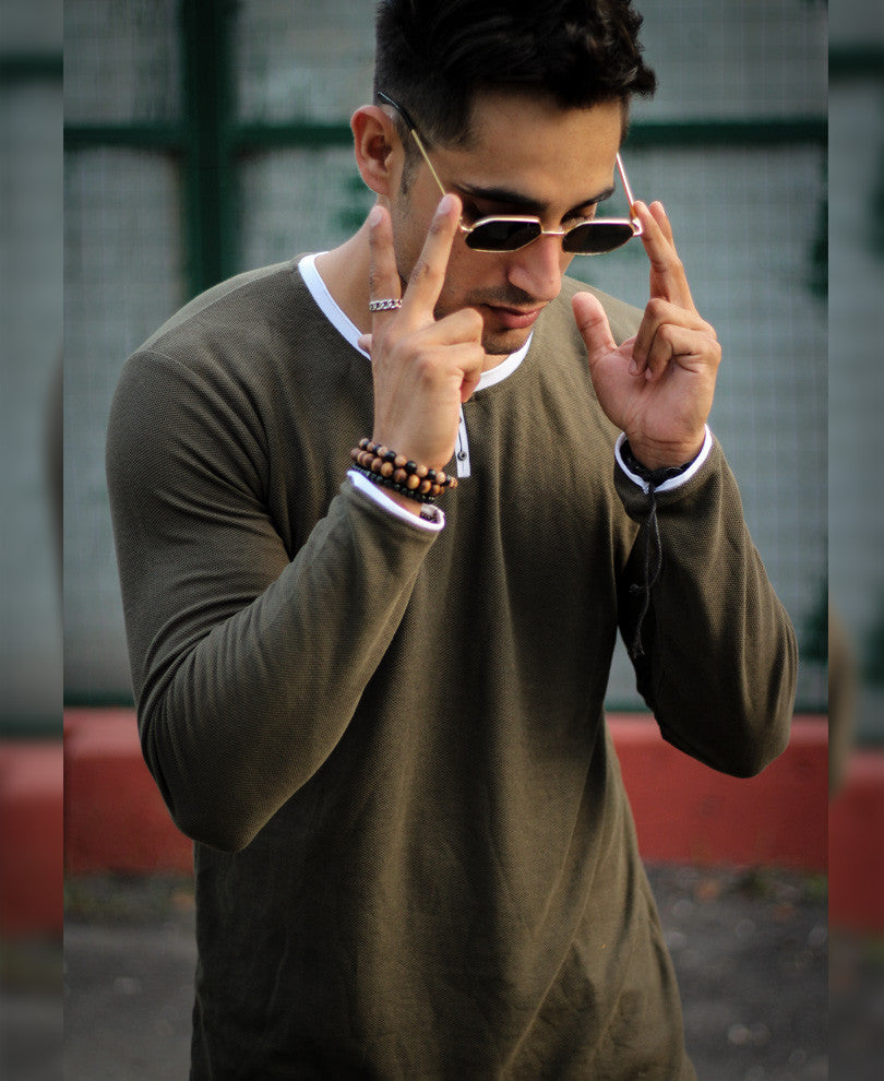 Olive Green Basic Henley Full Sleeves T Shirt