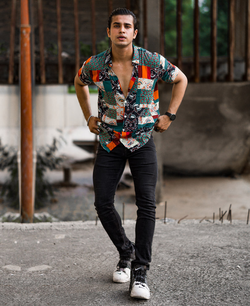 Mens Light Green Patchwork Print Half Sleeves Shirt