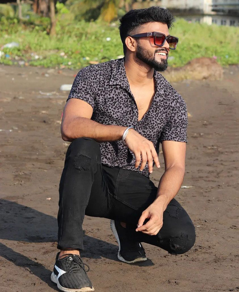 Grey Leopard Print Half Sleeves Shirt