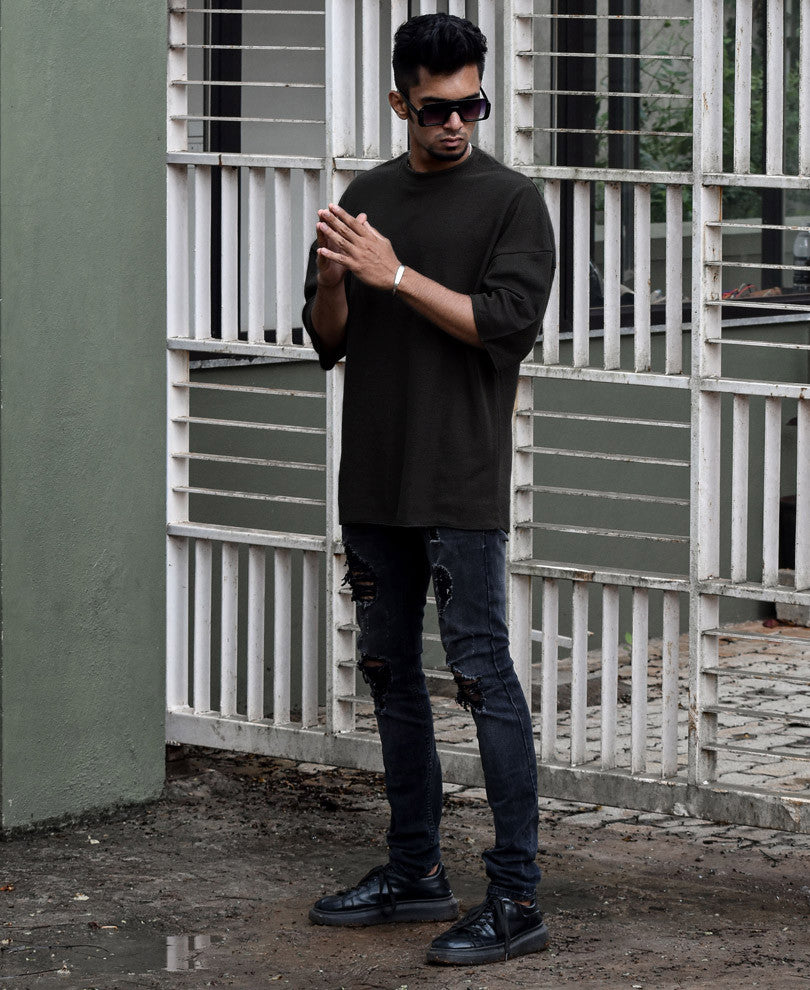 Urban Black Solid Oversize Drop Shoulder T Shirt