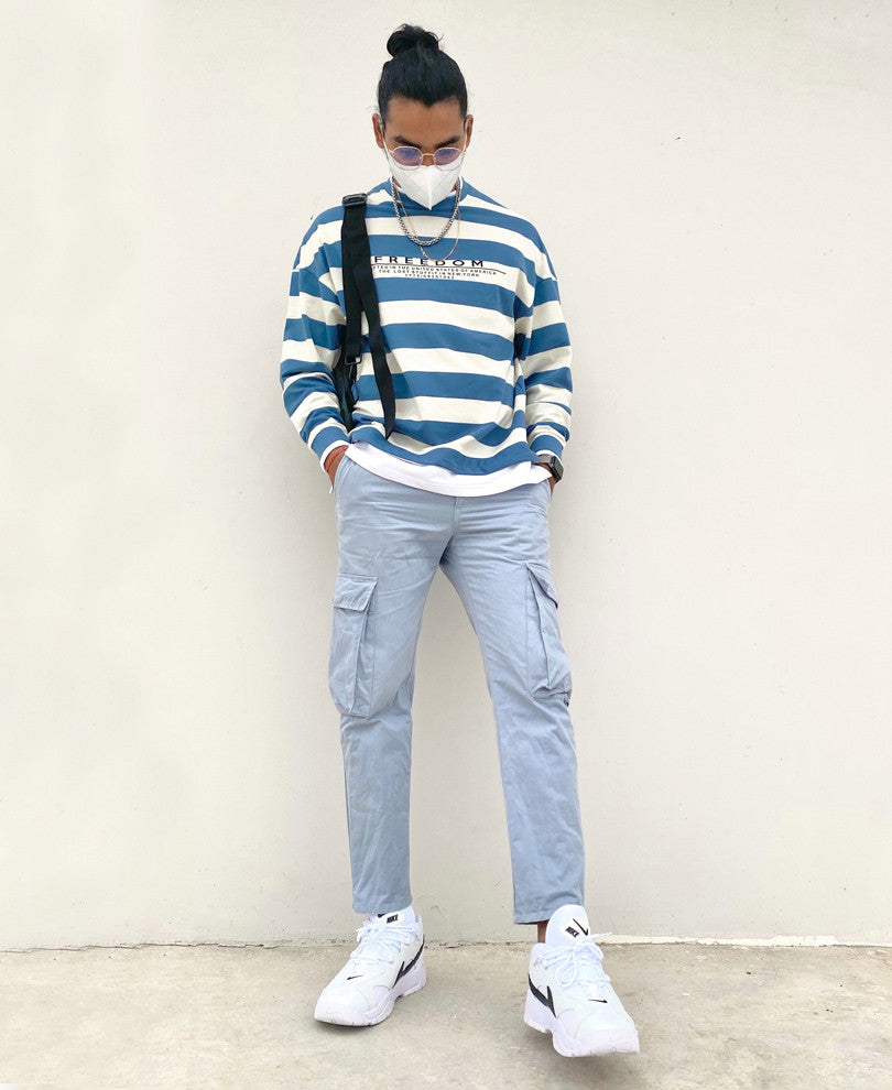 Blue and White Freedom Stripes Oversize Drop Shoulder T Shirt