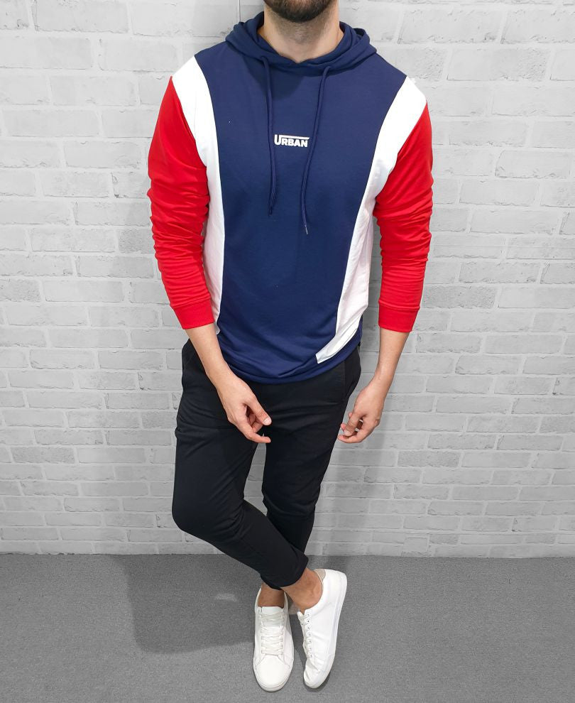 Blue and Red Panel Hood T-Shirt