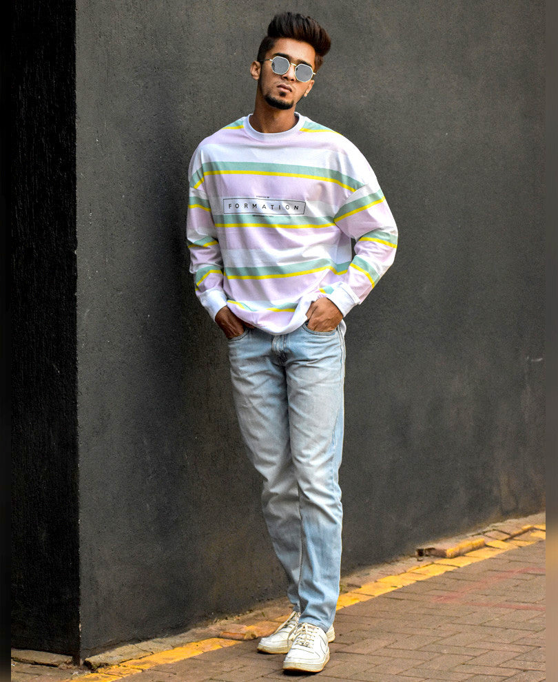 Pink and White Formation Stripes Print Full Sleeves T Shirt