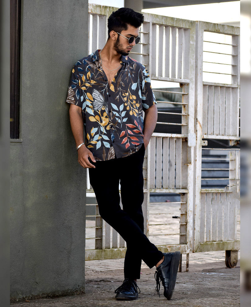 Grey Leaves Printed Half Sleeves Shirt