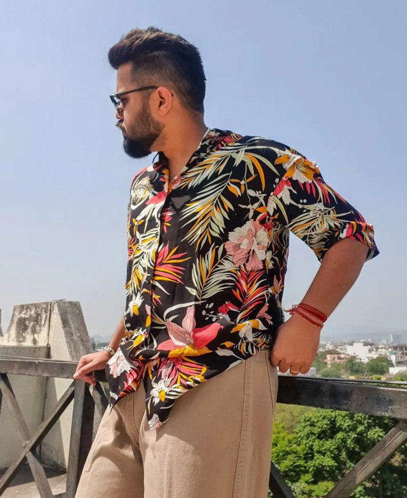 Mens Black Floral Oversize Drop Shoulder Shirt