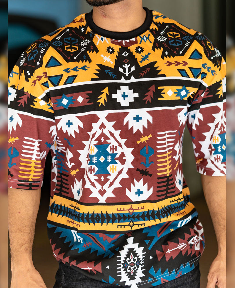 Maroon Abstract Print Oversize Drop Shoulder T Shirt