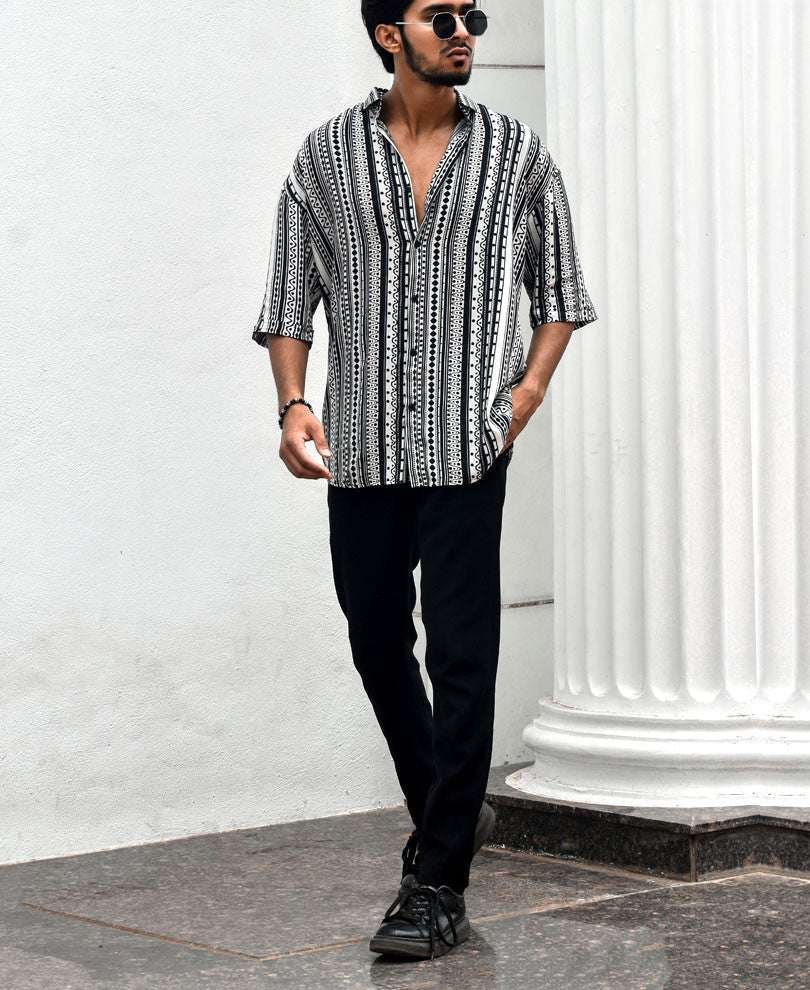 White Ethnic Print Oversize Drop Shoulder Shirt