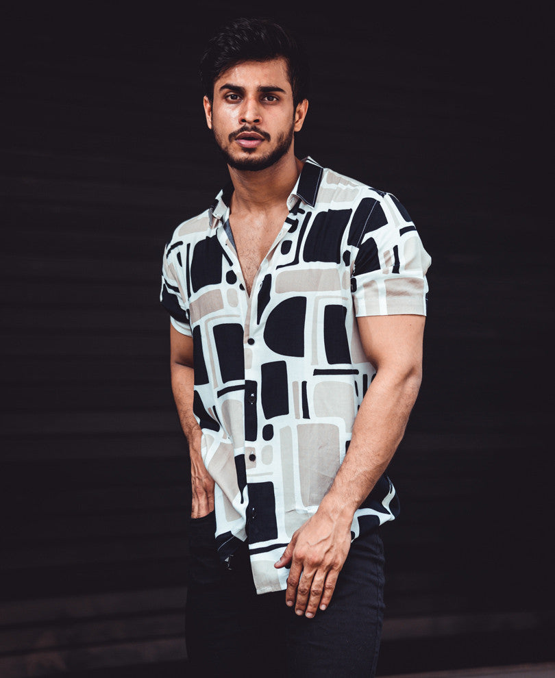 Black And Cream Icon Print Half Sleeves Shirt