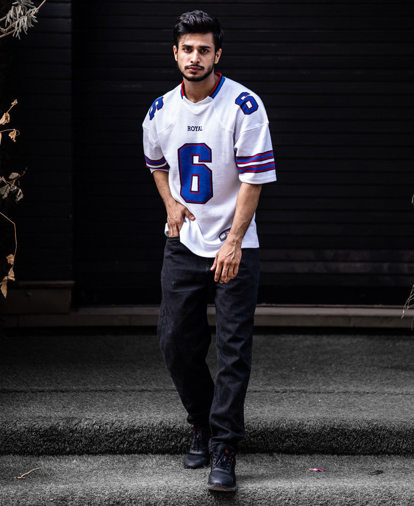 White Royal 6 Printed Oversize Drop Shoulder Jersey
