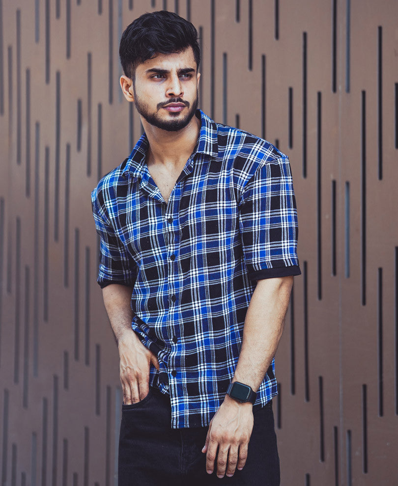 Blue And Black Checks Oversize Drop Shoulder Shirt