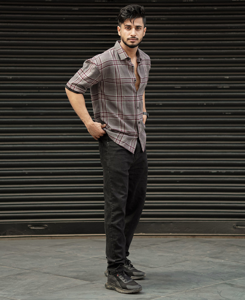 Dark Grey Checks Oversize Drop Shoulder Shirt