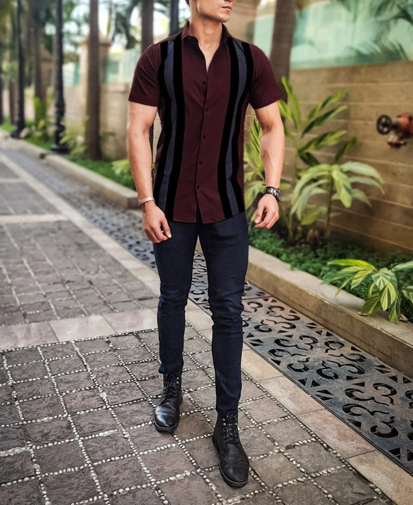 Maroon Double Stripe Half Sleeves Shirt