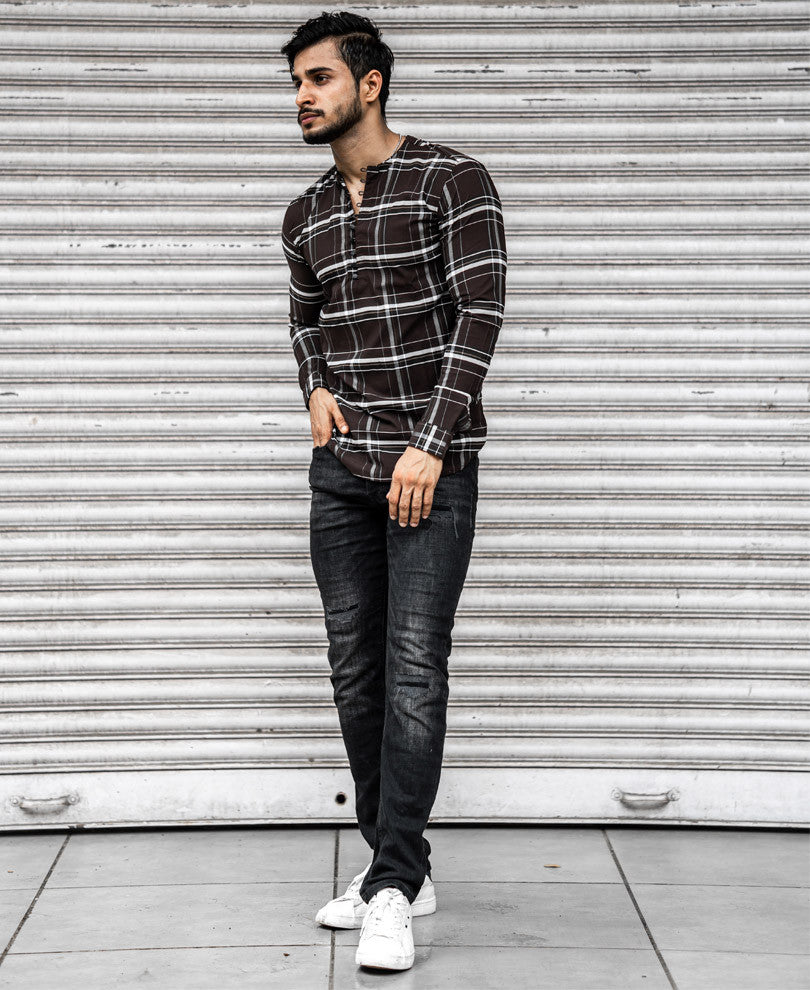 Brown Stretch Checks Kurta Full Sleeves Shirt