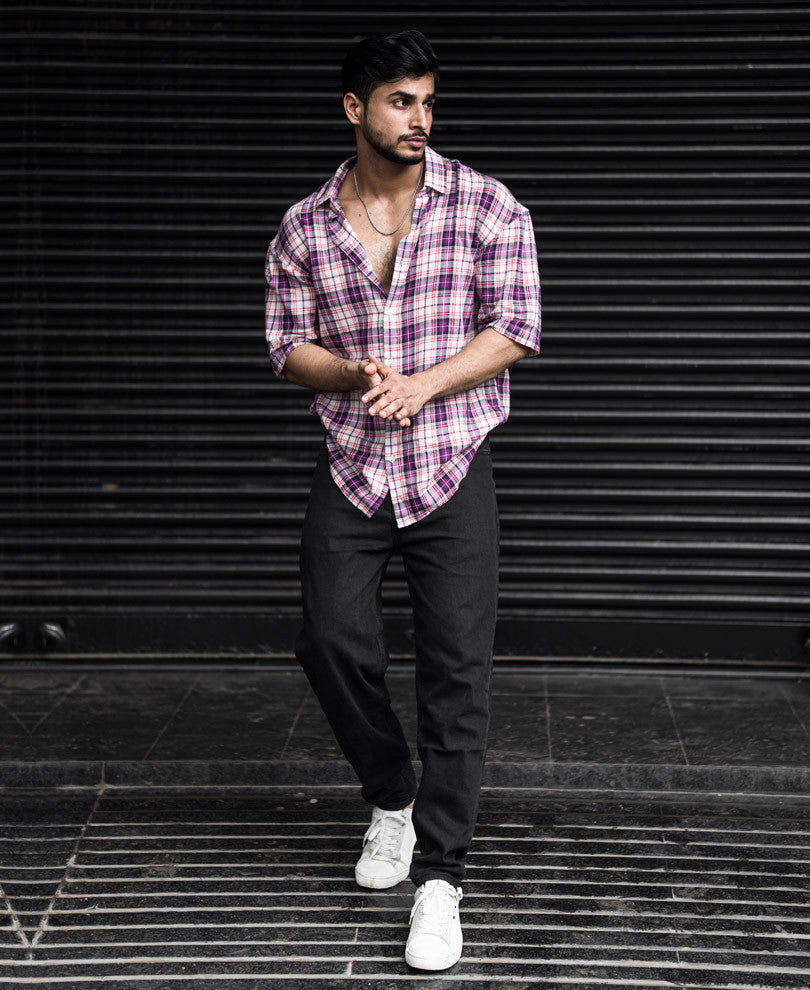 Pink Future Back Printed Checks Oversize Drop Shoulder Shirt