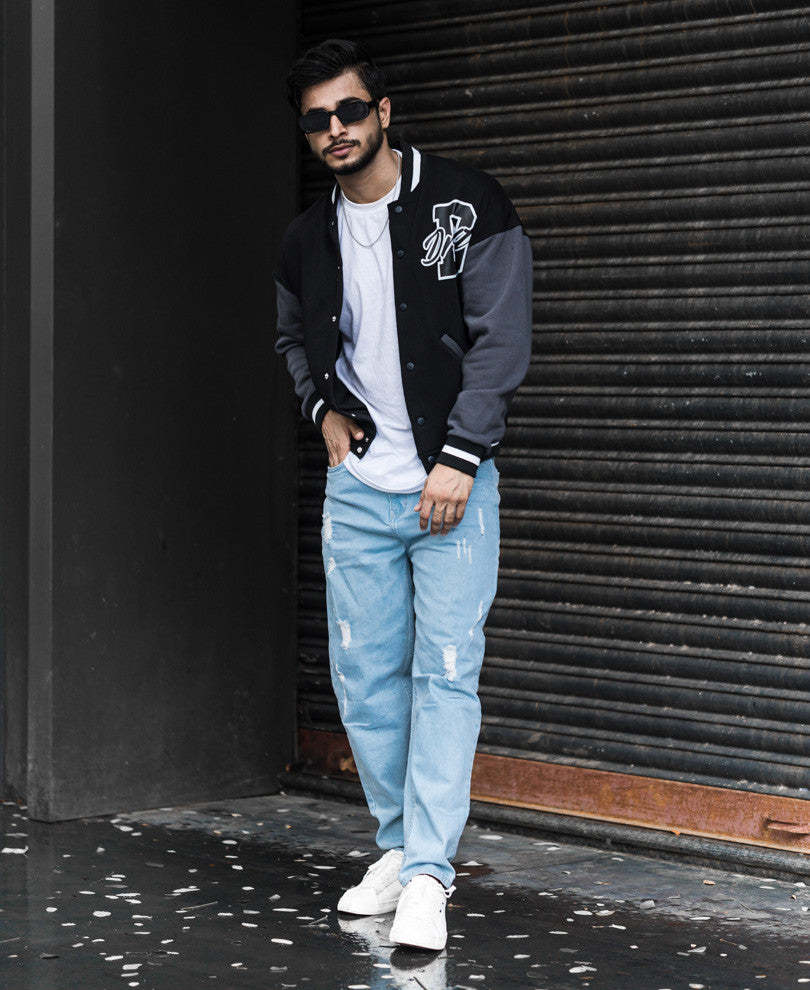 Black Varsity Baseball Oversize Drop Shoulder Jacket