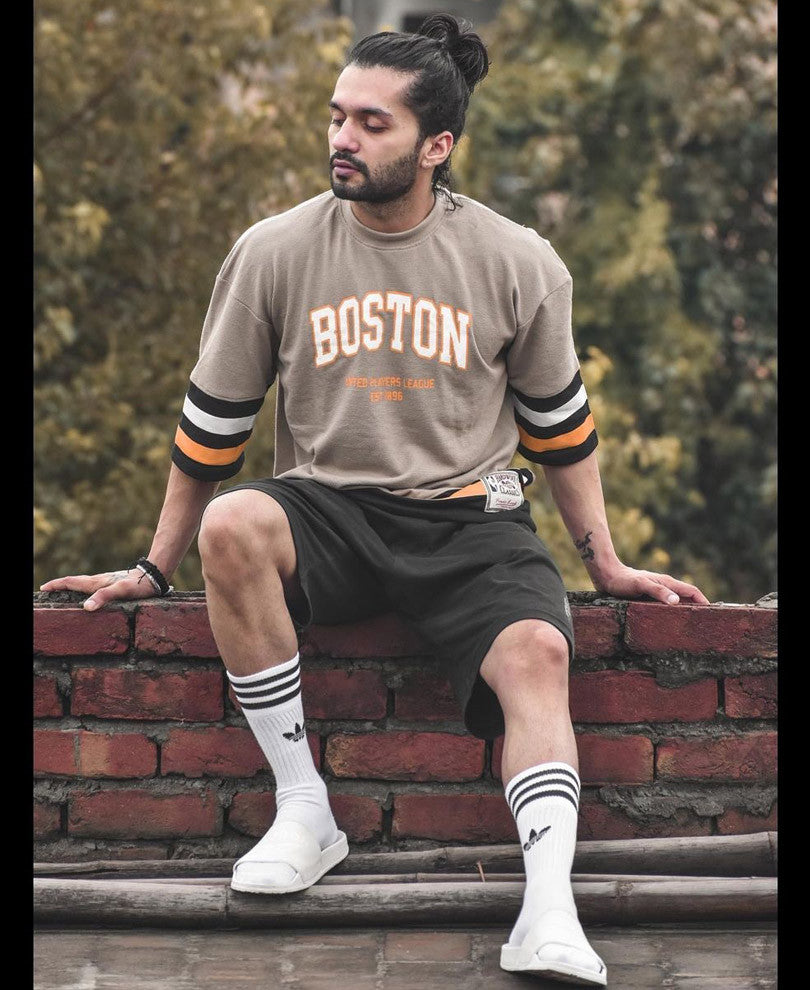 Beige Boston Oversize Drop Shoulder T Shirt