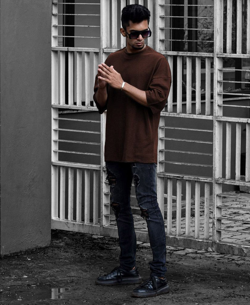 Urban Brown Solid Oversize Drop Shoulder T Shirt