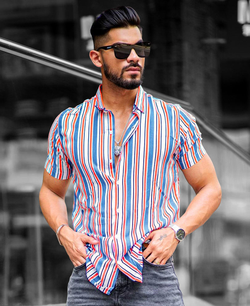 White With Multi Color Vertical Stripes Half Sleeves Shirt