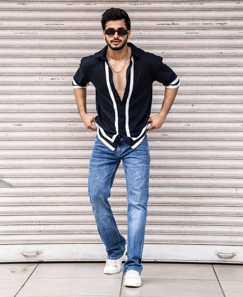 Navy Blue Button Style Oversize Drop Shoulder T Shirt