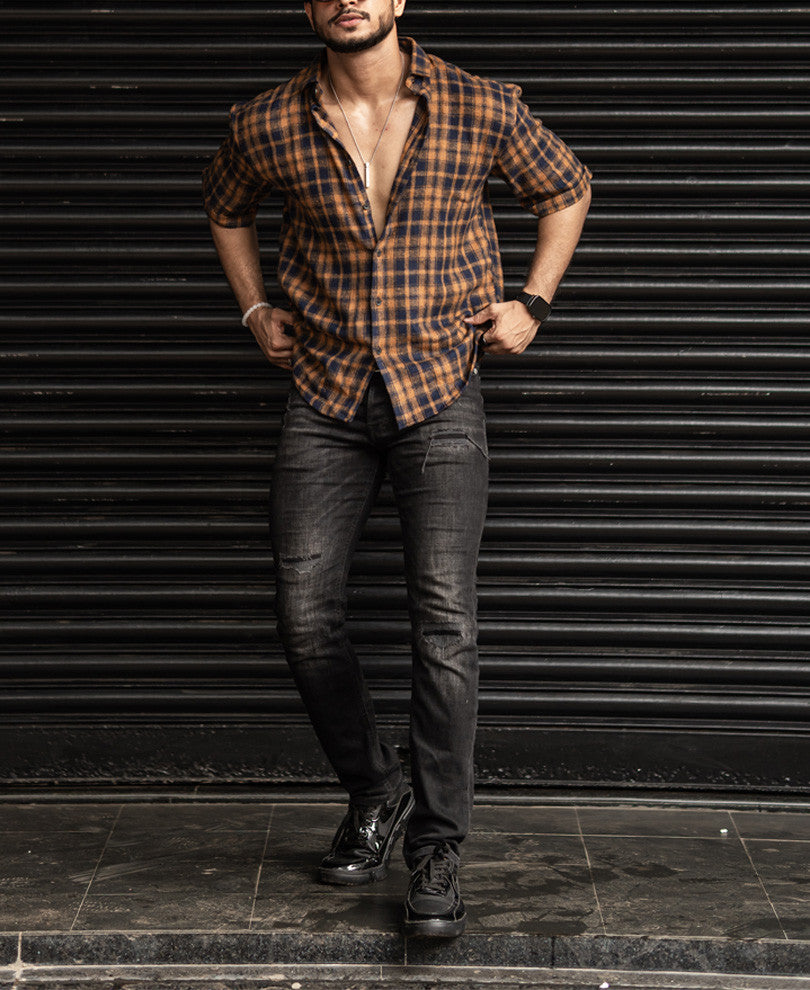 Mustard and Blue Checks Oversize Drop Shoulder Shirt