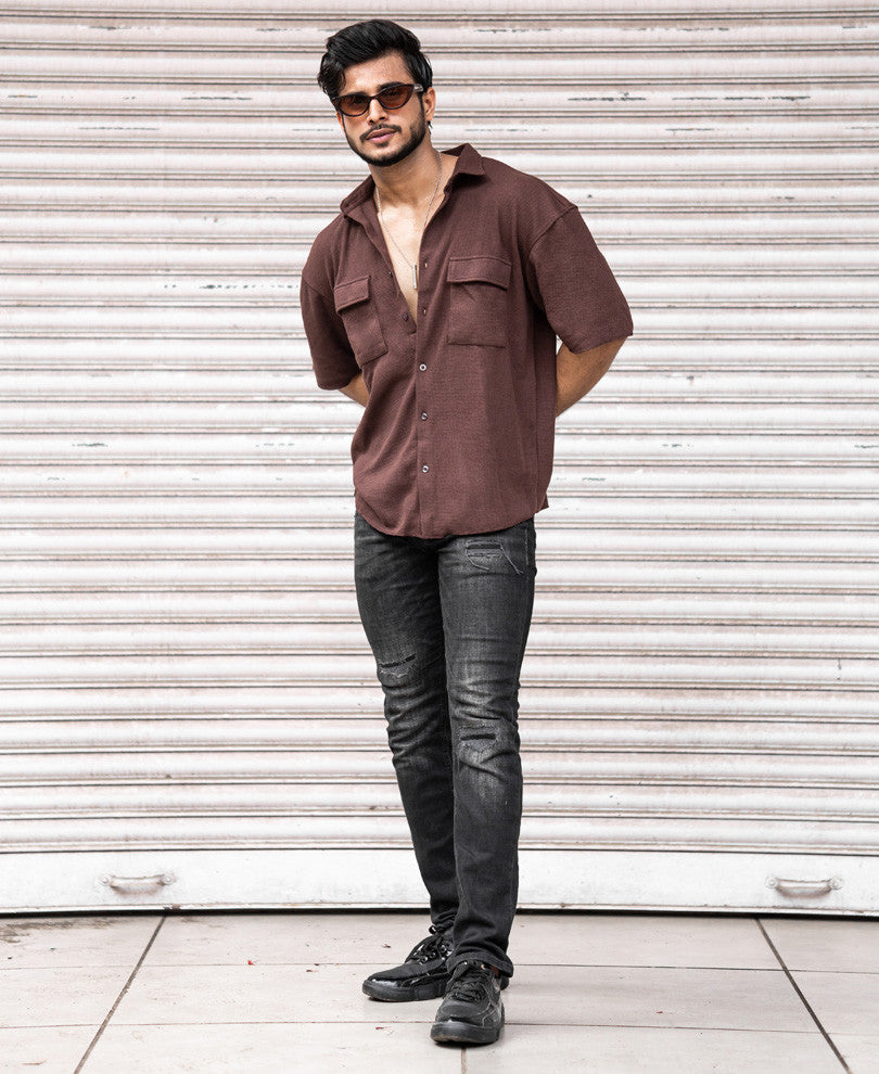 Dark Brown Chest Pocket Oversize Drop Shoulder Shirt