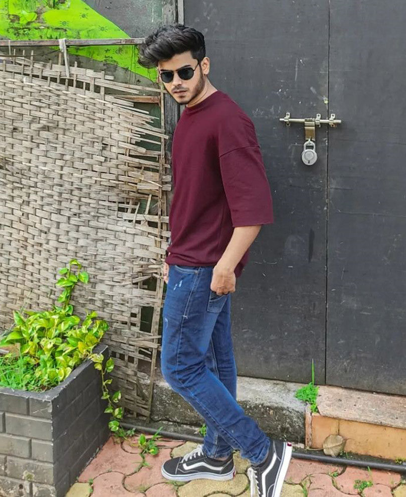 Urban Maroon Solid Oversize Drop Shoulder T Shirt
