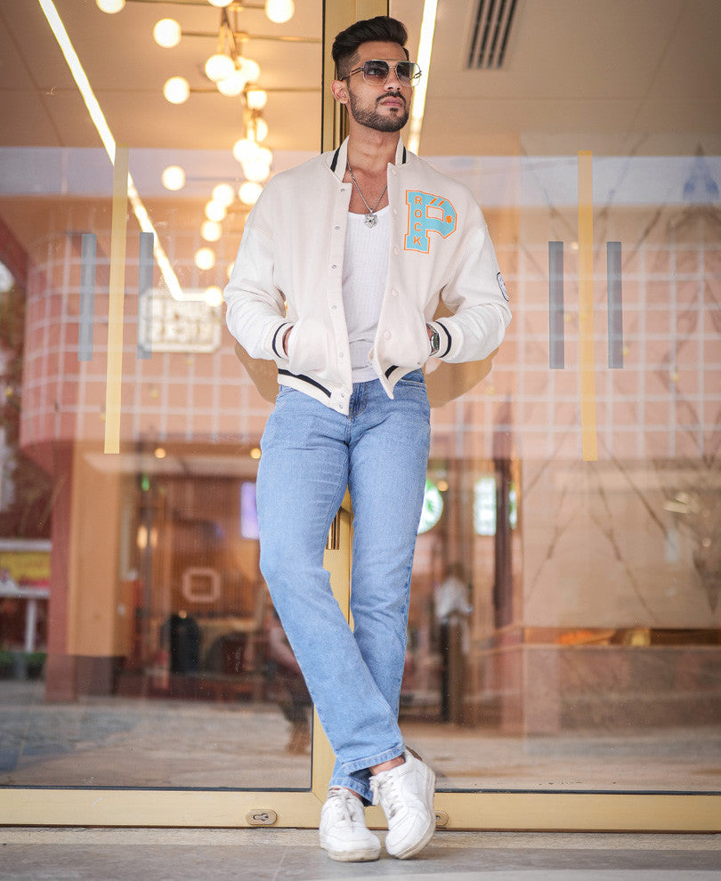 Cream Varsity Baseball Oversize Drop Shoulder Jacket