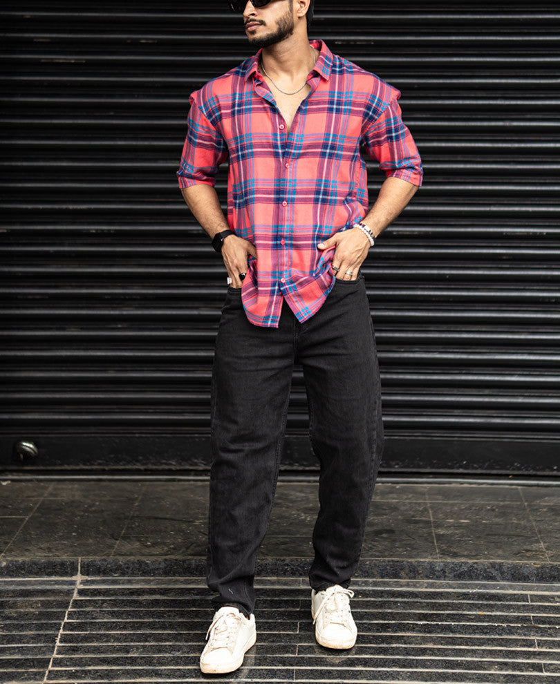 Pantone Orange Checks Oversize Drop Shoulder Shirt