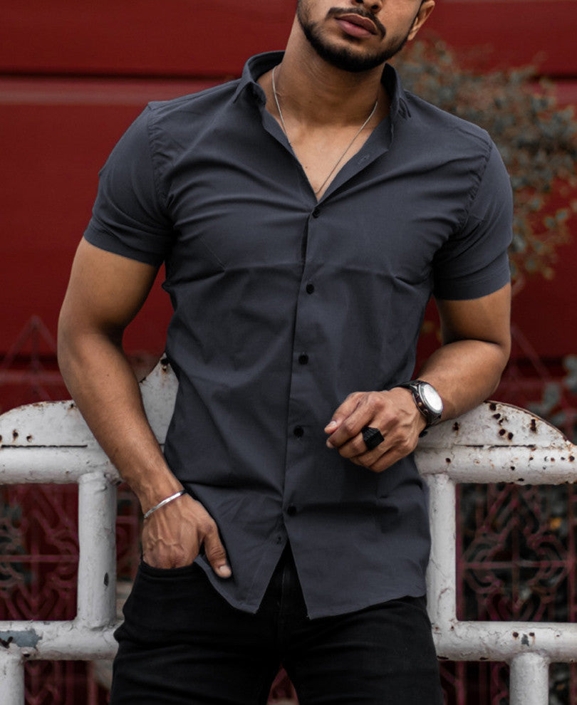 Urban Dark Grey Stretchable Solid Half Sleeves Shirt