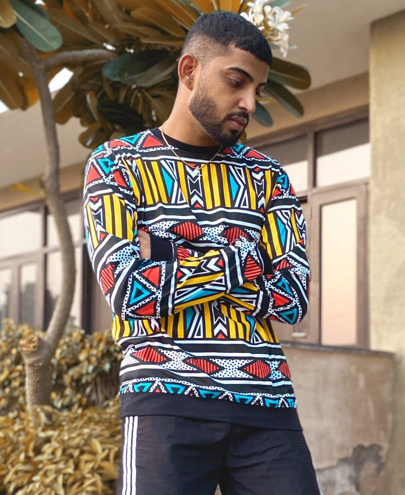 Black Abstract Print Full Sleeves T Shirt