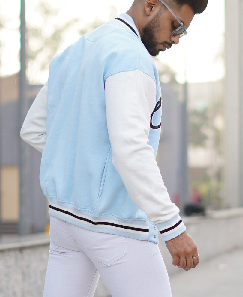 Sky Blue Original Print Oversize Varsity Jacket