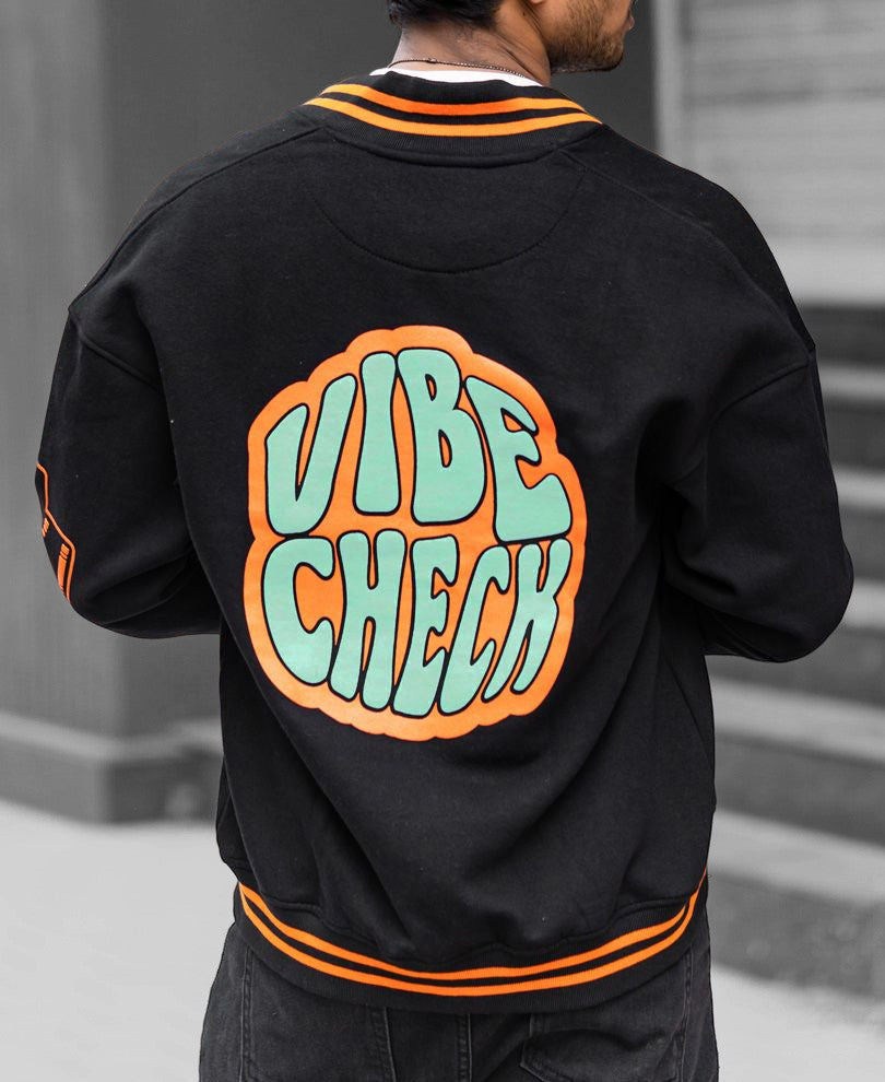Black Back Print Oversize Varsity Jacket