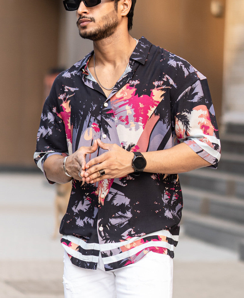 Black Hawaiian Print Oversize Drop Shoulder Shirt