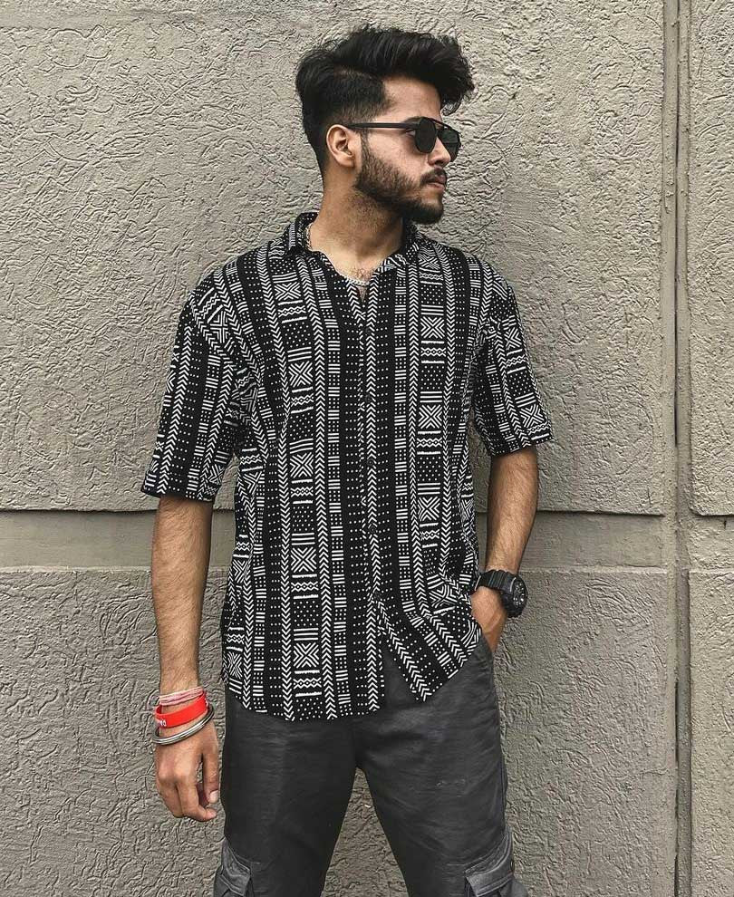 Black Ethnic Print Oversize Drop Shoulder Shirt