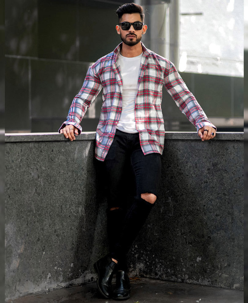 Red And White Checks Oversize Drop Shoulder Shirt