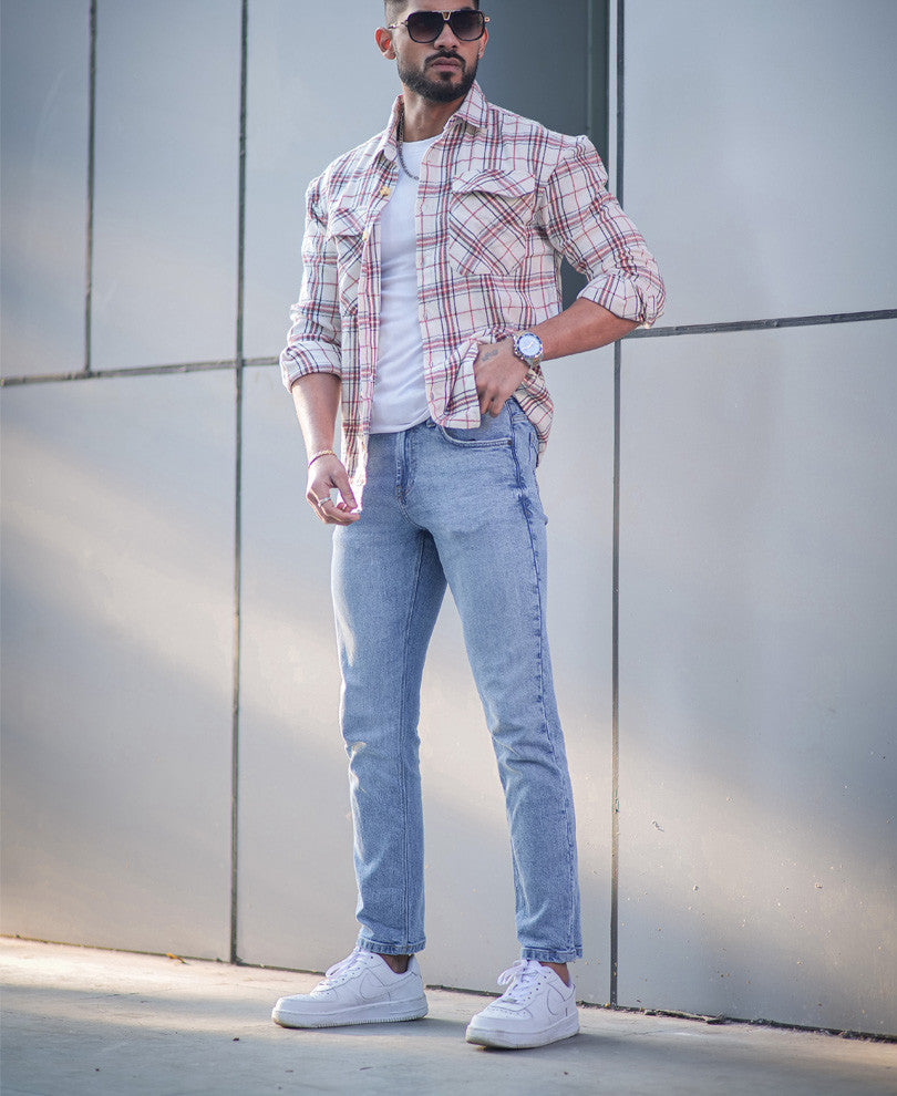 Cream Pocket Checks Oversize Drop Shoulder Shirt