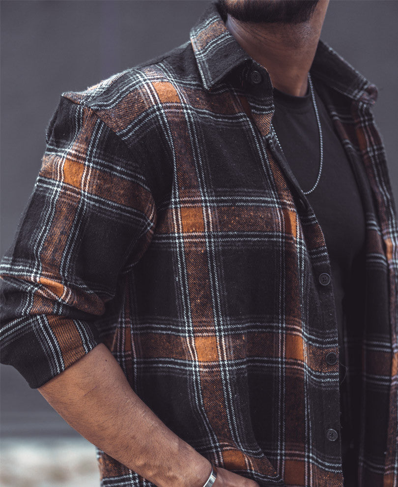 Black And Camel Checks Oversize Drop Shoulder Shirt
