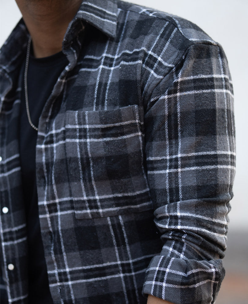 Dark Grey Pocket Checks Oversize Drop Shoulder Shirt