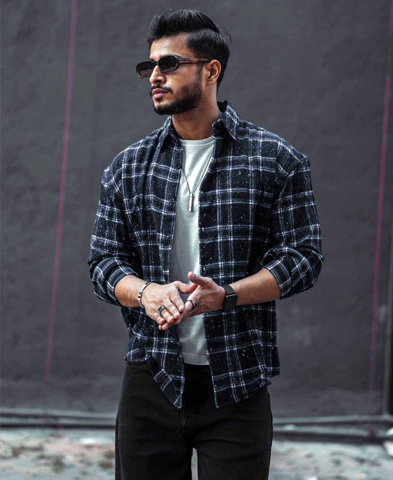 Dusty Black Plaid Checks Oversize Drop Shoulder Shirt