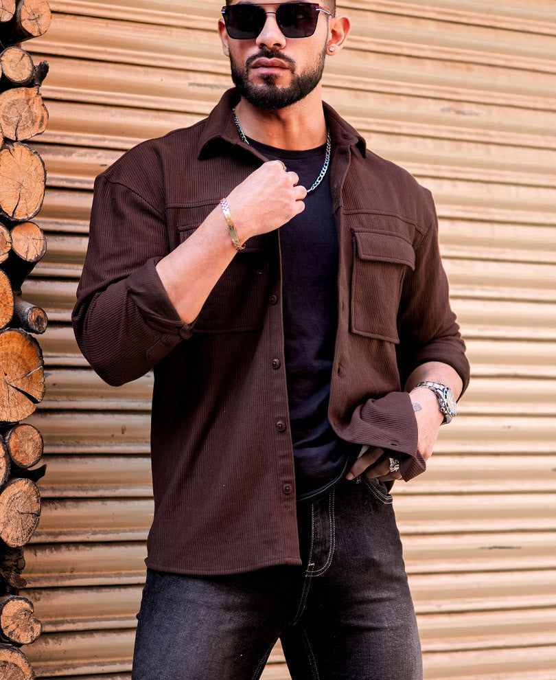 Dark Brown Shacket Pocket Oversize Drop Shoulder Shirt
