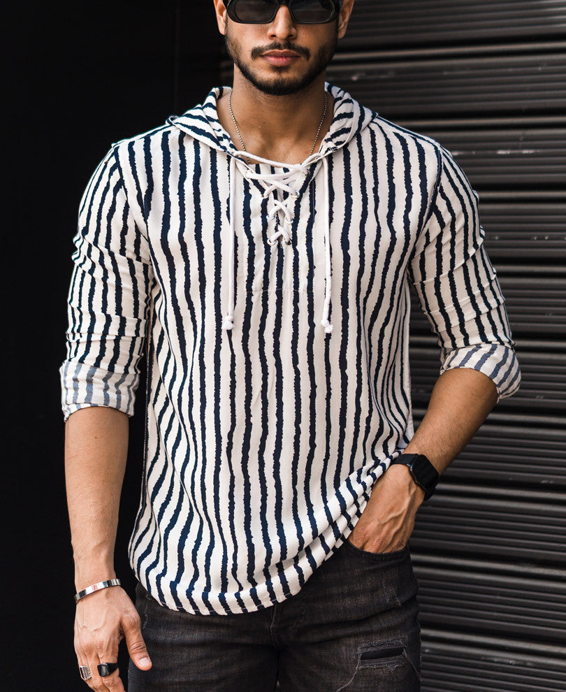 White Stripe Hooded Kurta Style Full Sleeves Shirt
