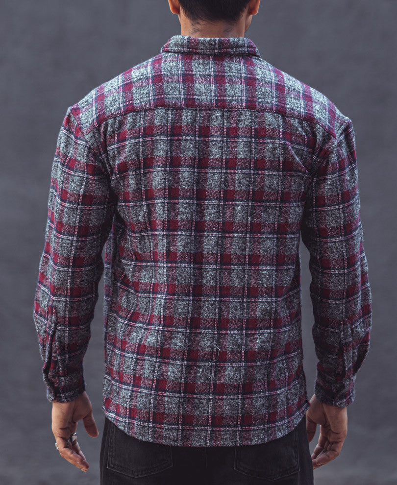 Wine Checks Pocket Oversize Drop Shoulder Shirt