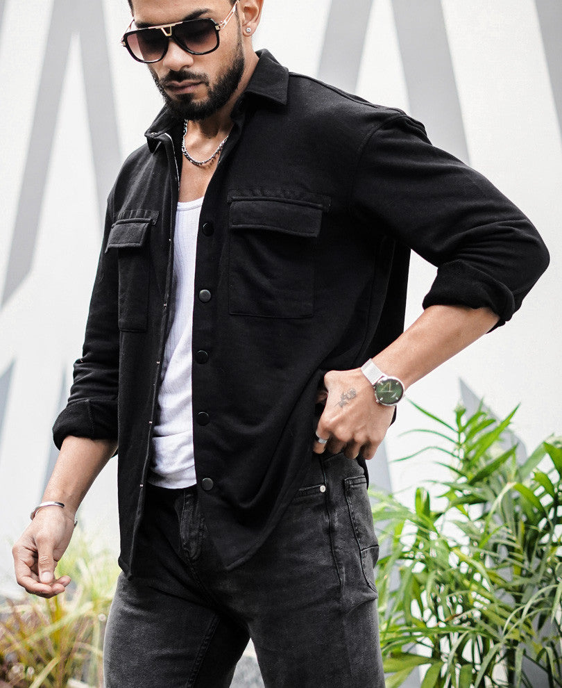 Black Chest Pocket Oversize Drop Shoulder Shirt D