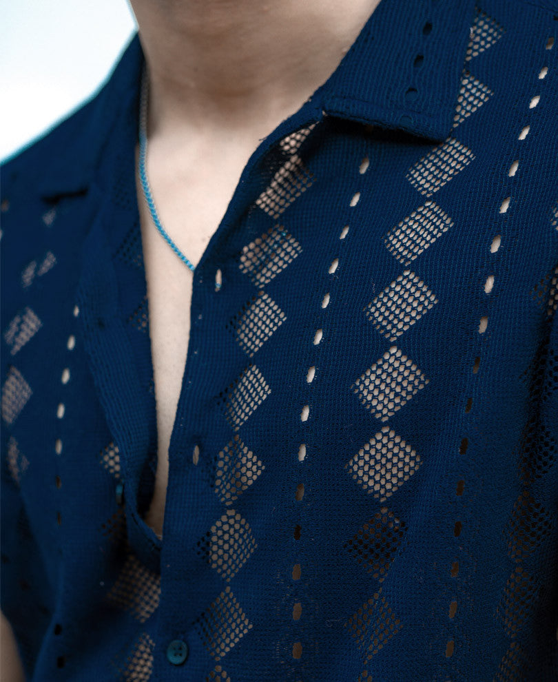 Navy Blue Sheer Pattern Half Sleeves Shirt