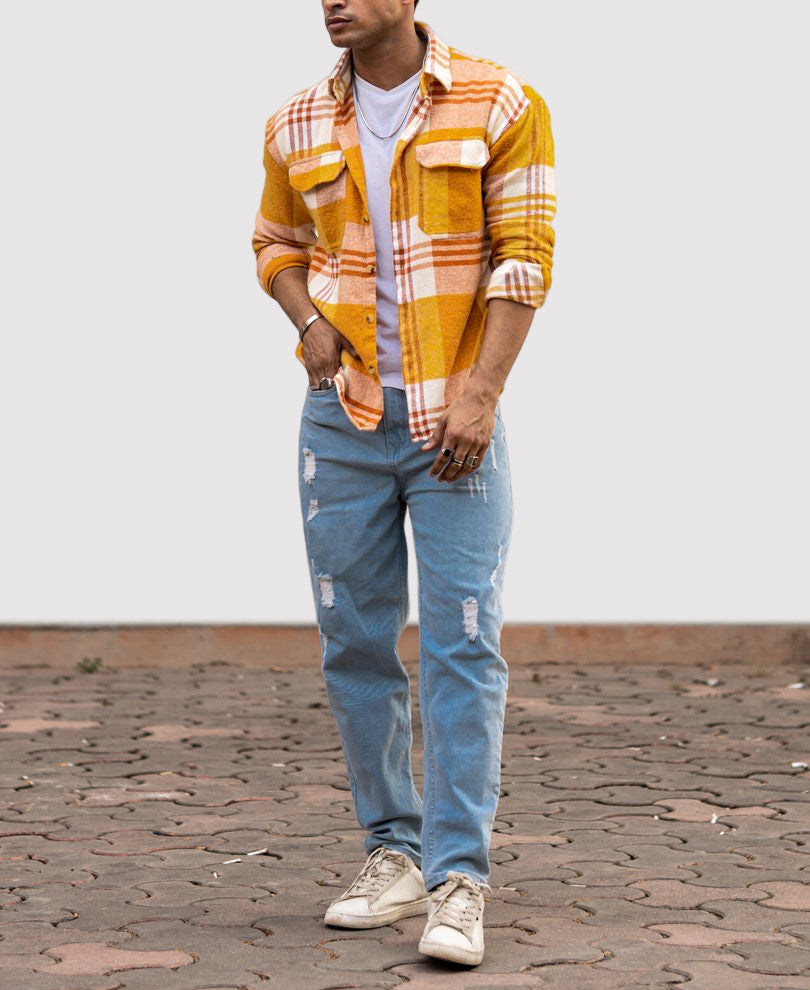 Mustard Pocket Checks Oversize Drop Shoulder Shirt