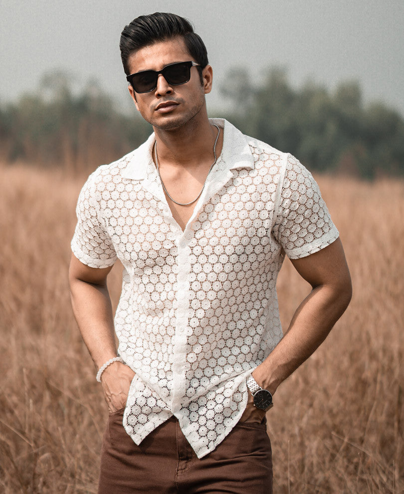 White Sheer Pattern Half Sleeves Shirt