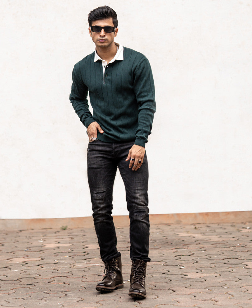 Bottle Green Polo Collar Full Sleeves Sweatshirt