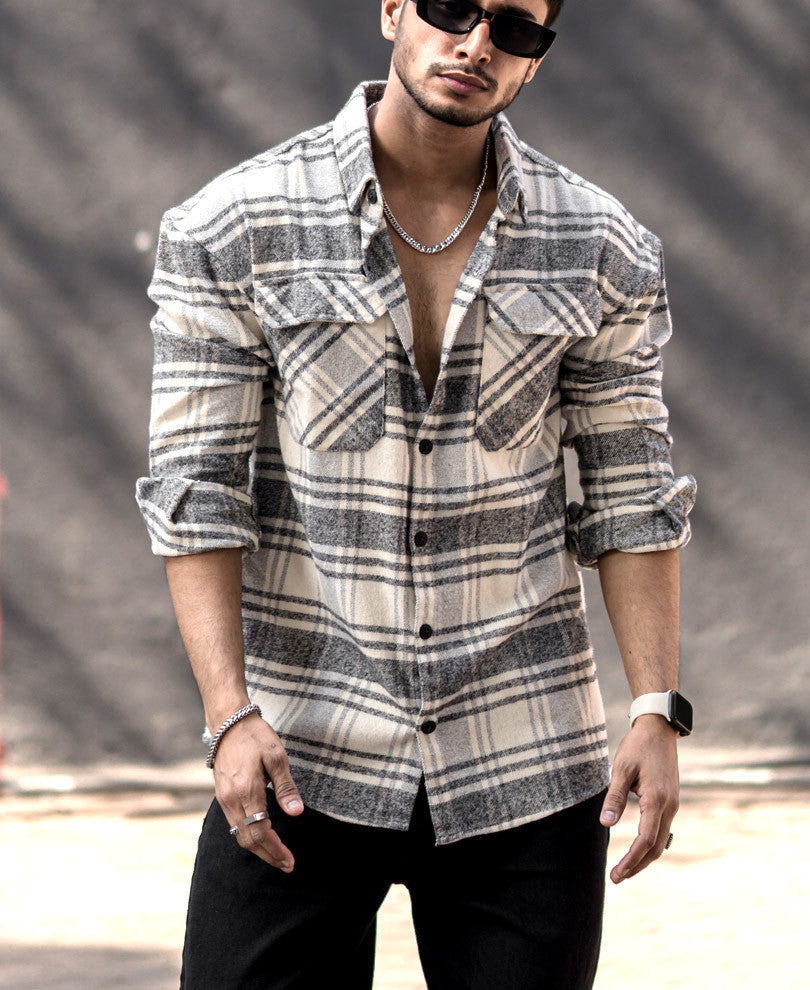 Cream Flannel Check Oversize Drop Shoulder Shirt